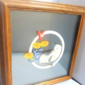 Red Flower OAK Frame Mirrored Glass CAT Art Reverse Oil On Glass Painting Tray